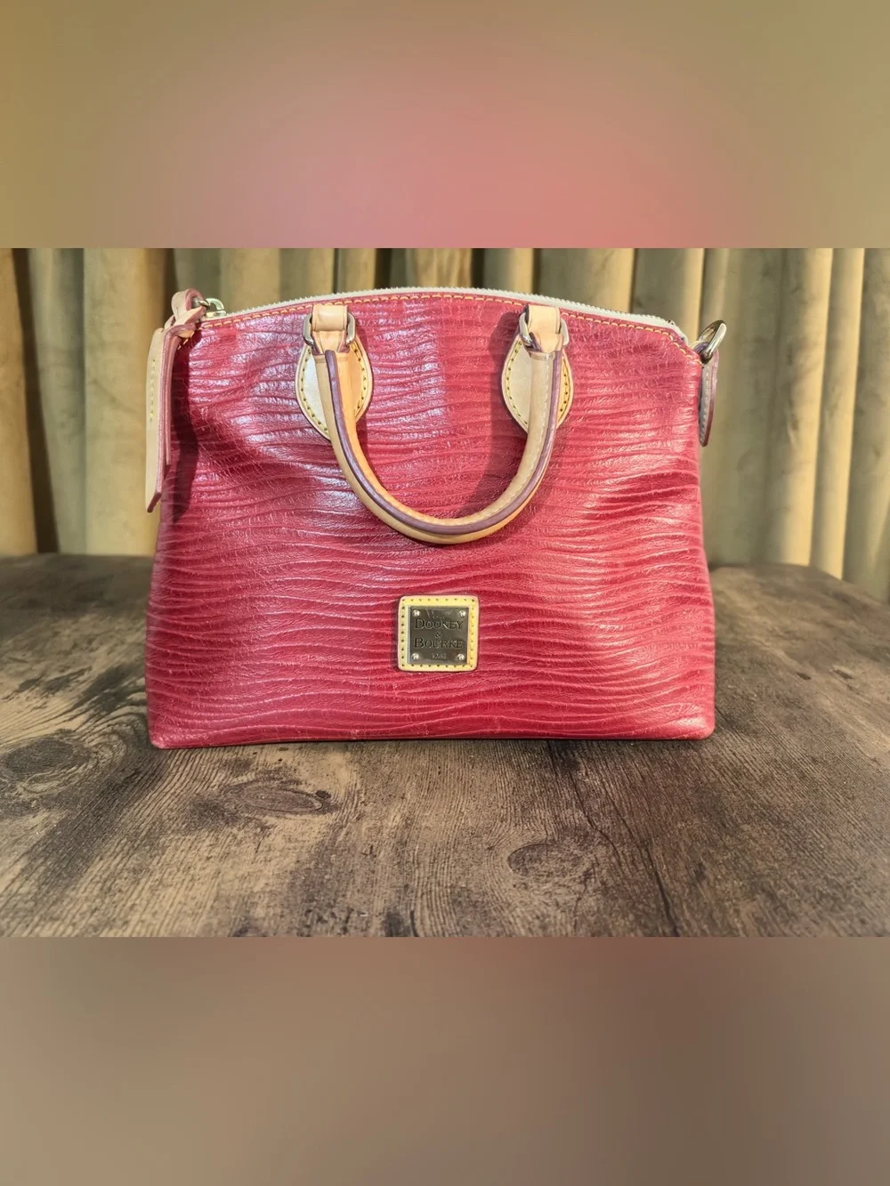 Rare Dooney & Bourke Red Leather Wave Pattern Satchel with Tan Trim